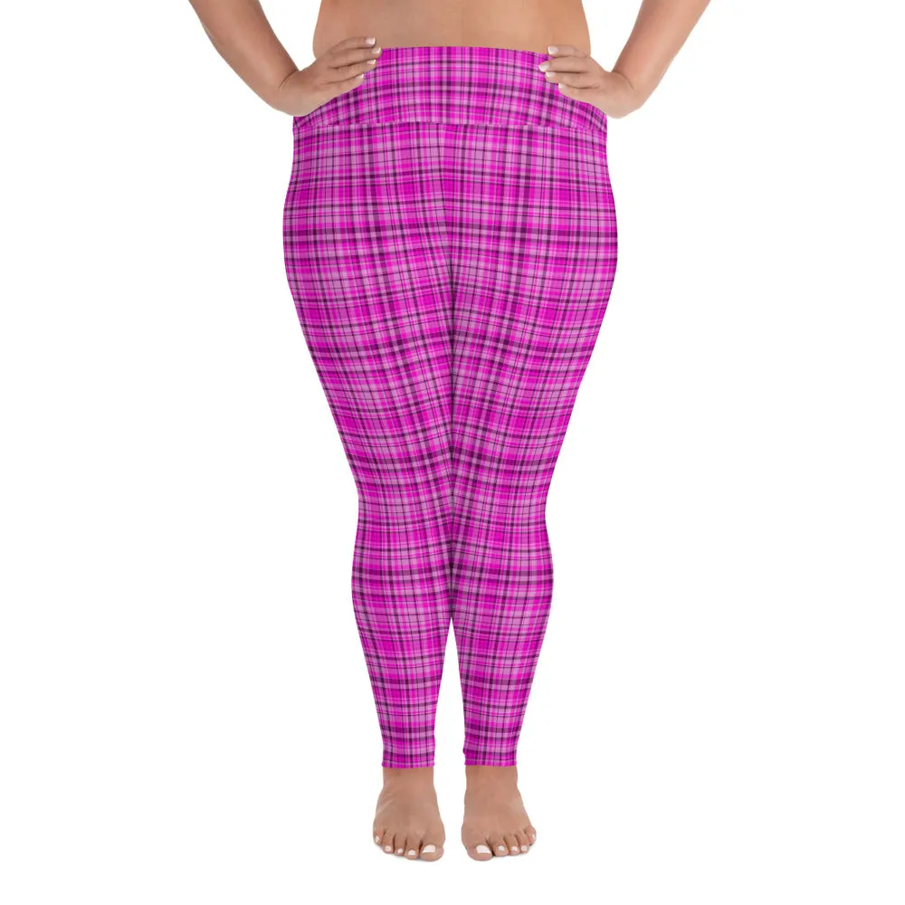 Pink Tartan Plaid Print Tights, Best Scottish Plaid Print Women's Long Yoga Pants Plus Size Leggings