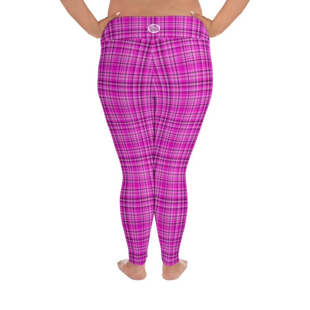 Pink Tartan Plaid Print Tights, Best Scottish Plaid Print Women's Long Yoga Pants Plus Size Leggings