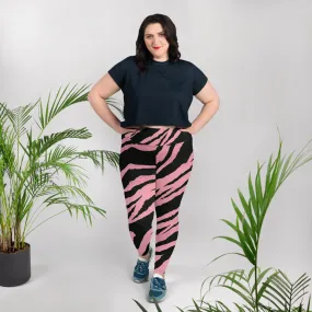 Pink Tiger Plus Size Leggings, Striped Animal Women's Long Yoga Pants-Made in USA/EU