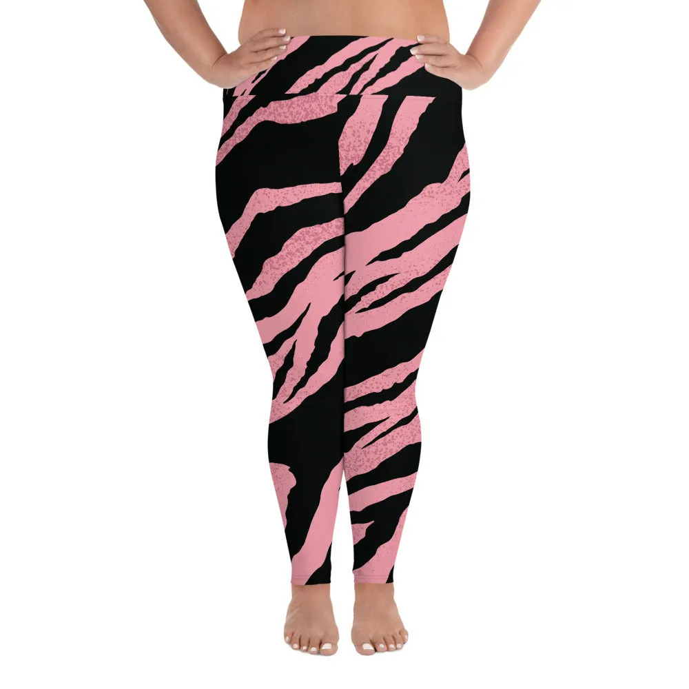 Pink Tiger Plus Size Leggings, Striped Animal Women's Long Yoga Pants-Made in USA/EU