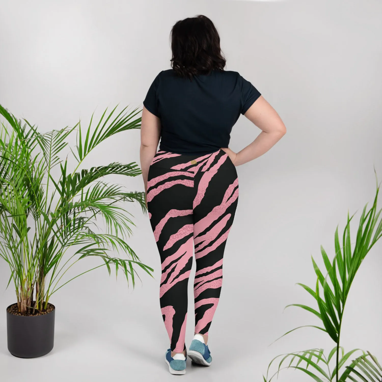 Pink Tiger Plus Size Leggings, Striped Animal Women's Long Yoga Pants-Made in USA/EU