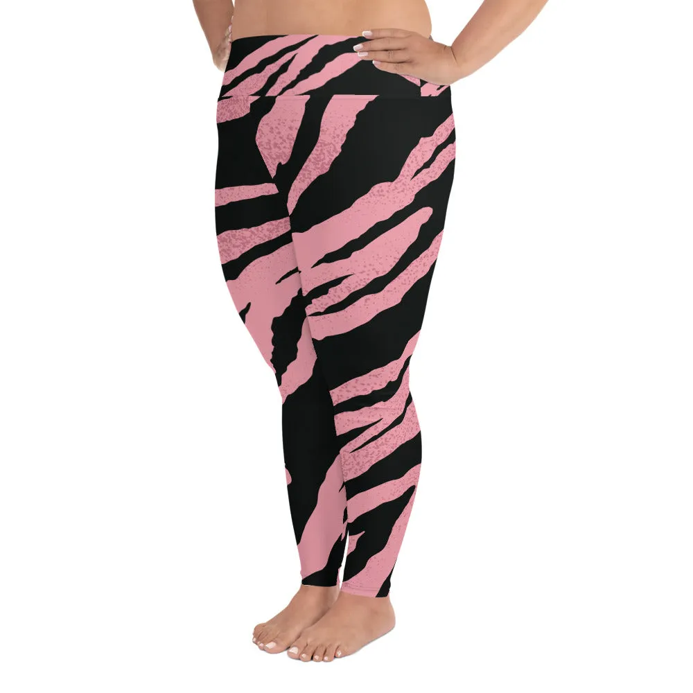 Pink Tiger Plus Size Leggings, Striped Animal Women's Long Yoga Pants-Made in USA/EU