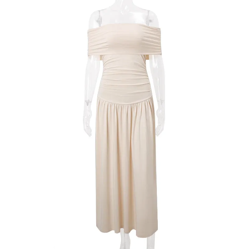 Pre Order:  Off Shoulder Slim Fit Pleated Maxi Dress