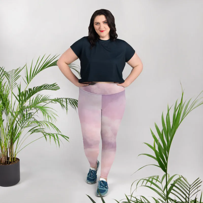 Purple Abstract Plus Size Leggings, Pink Sky Clouds Women's Yoga Pants- Made in USA/ EU