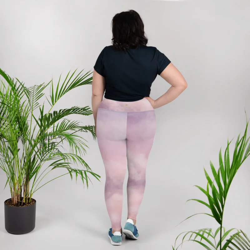 Purple Abstract Plus Size Leggings, Pink Sky Clouds Women's Yoga Pants- Made in USA/ EU