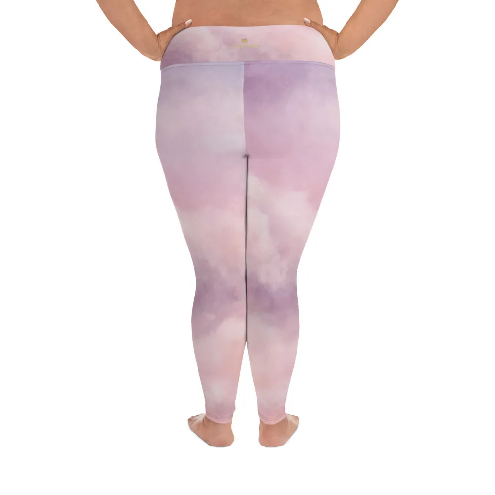 Purple Abstract Plus Size Leggings, Pink Sky Clouds Women's Yoga Pants- Made in USA/ EU