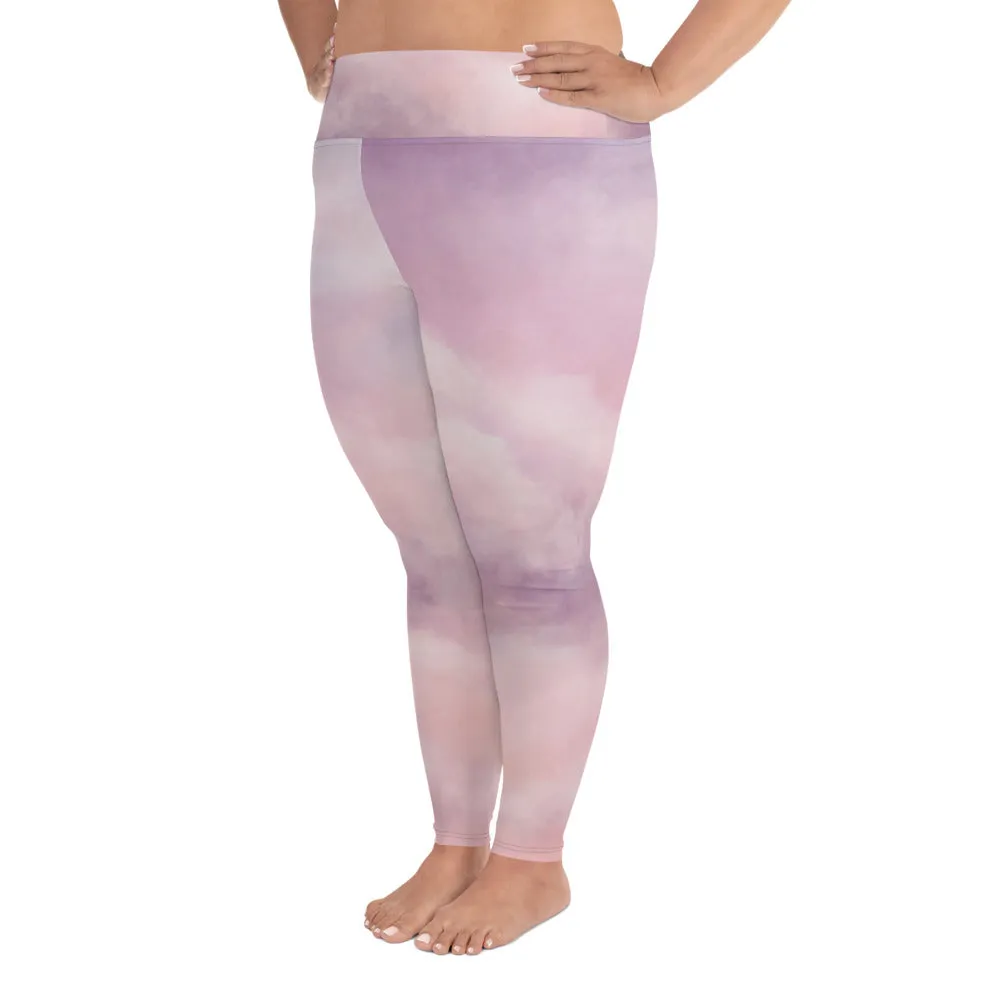 Purple Abstract Plus Size Leggings, Pink Sky Clouds Women's Yoga Pants- Made in USA/ EU