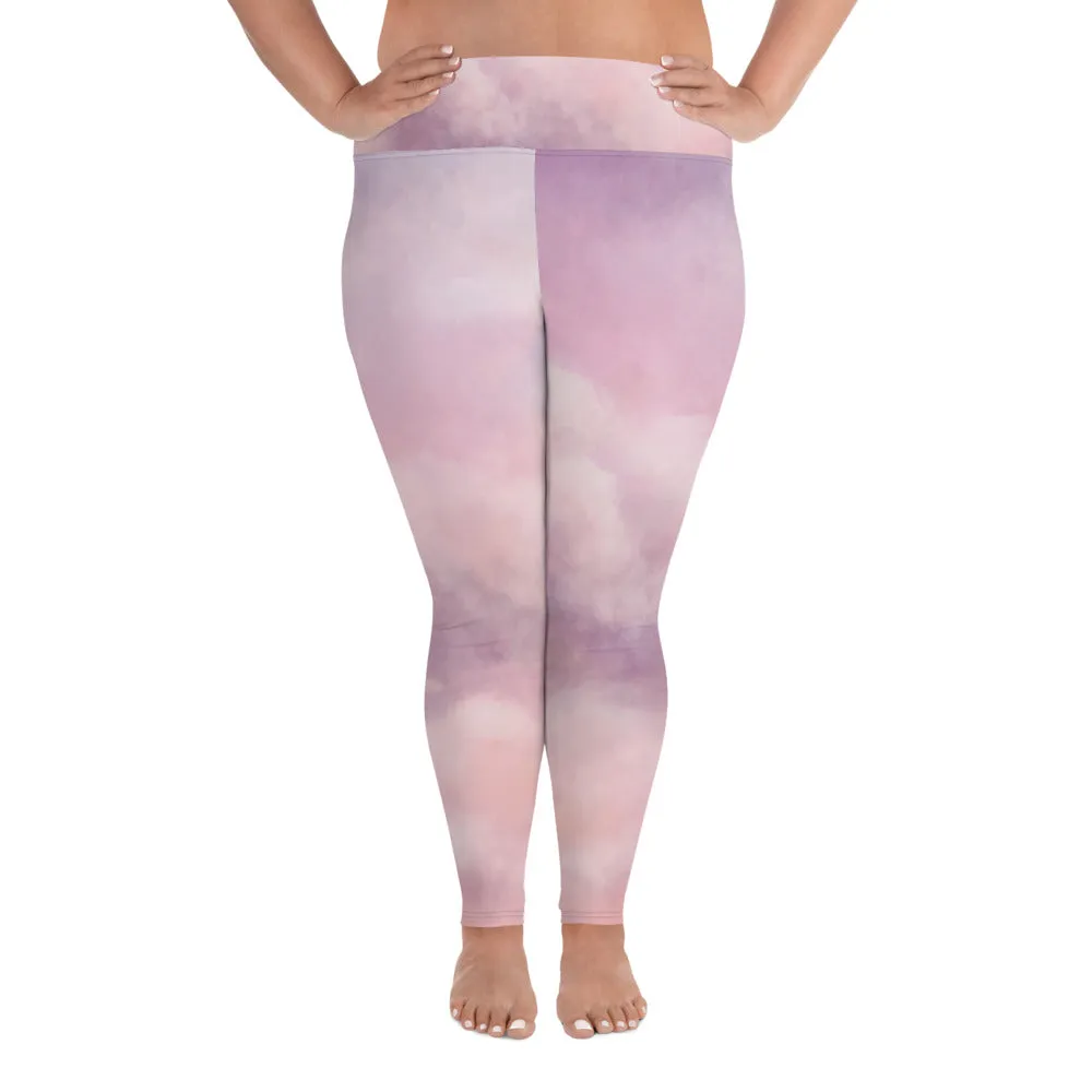 Purple Abstract Plus Size Leggings, Pink Sky Clouds Women's Yoga Pants- Made in USA/ EU