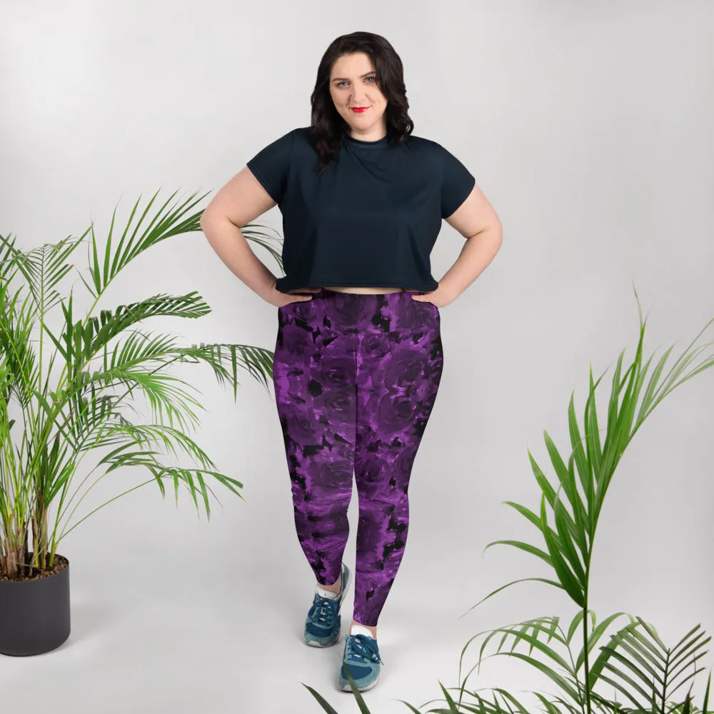 Purple Floral Plus Size Leggings, Abstract Women's Long Gym Yoga Pants-Made in USA/EU