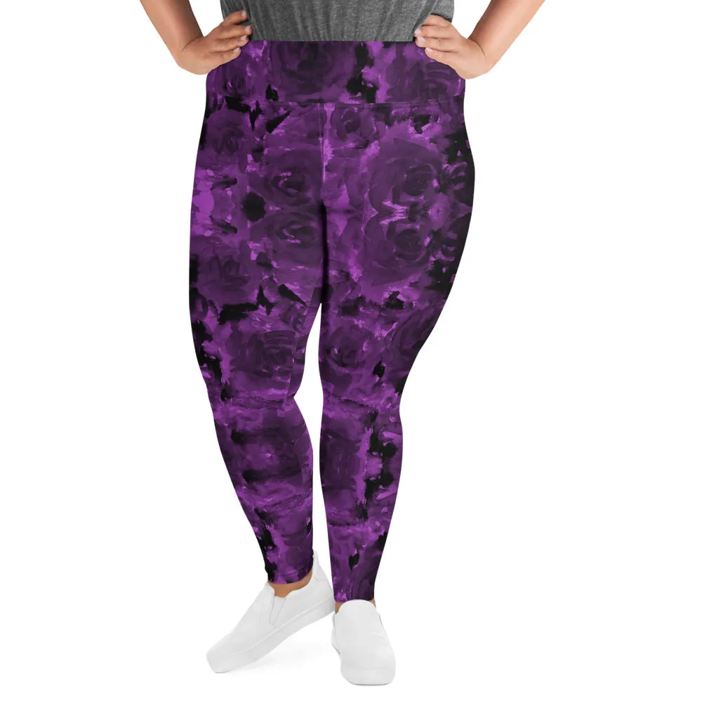 Purple Floral Plus Size Leggings, Abstract Women's Long Gym Yoga Pants-Made in USA/EU