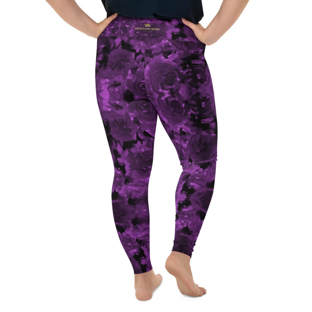 Purple Floral Plus Size Leggings, Abstract Women's Long Gym Yoga Pants-Made in USA/EU