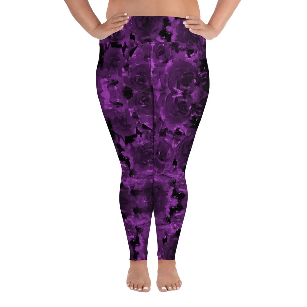 Purple Floral Plus Size Leggings, Abstract Women's Long Gym Yoga Pants-Made in USA/EU