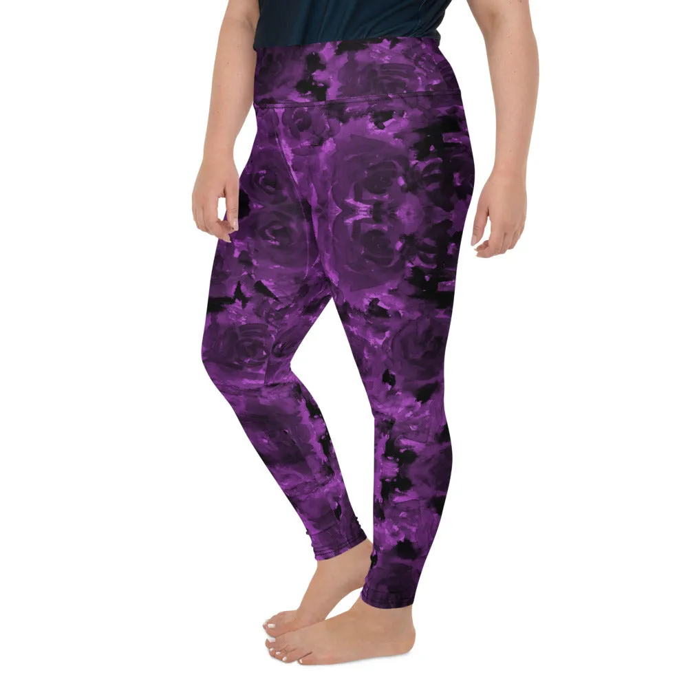 Purple Floral Plus Size Leggings, Abstract Women's Long Gym Yoga Pants-Made in USA/EU