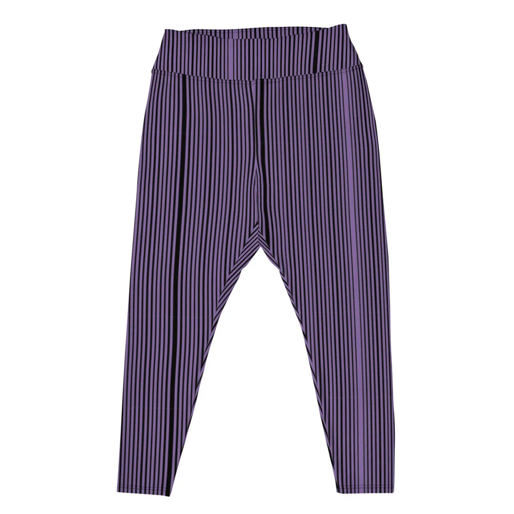 Purple Striped Plus Size Leggings, Vertical Striped Print Tights For Curvy Ladies - Made in USA/EU