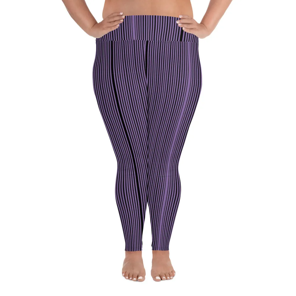 Purple Striped Plus Size Leggings, Vertical Striped Print Tights For Curvy Ladies - Made in USA/EU