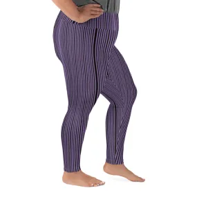 Purple Striped Plus Size Leggings, Vertical Striped Print Tights For Curvy Ladies - Made in USA/EU