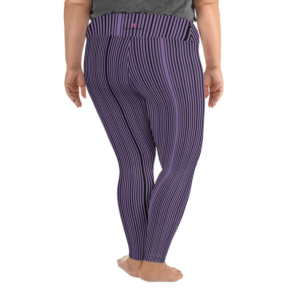 Purple Striped Plus Size Leggings, Vertical Striped Print Tights For Curvy Ladies - Made in USA/EU