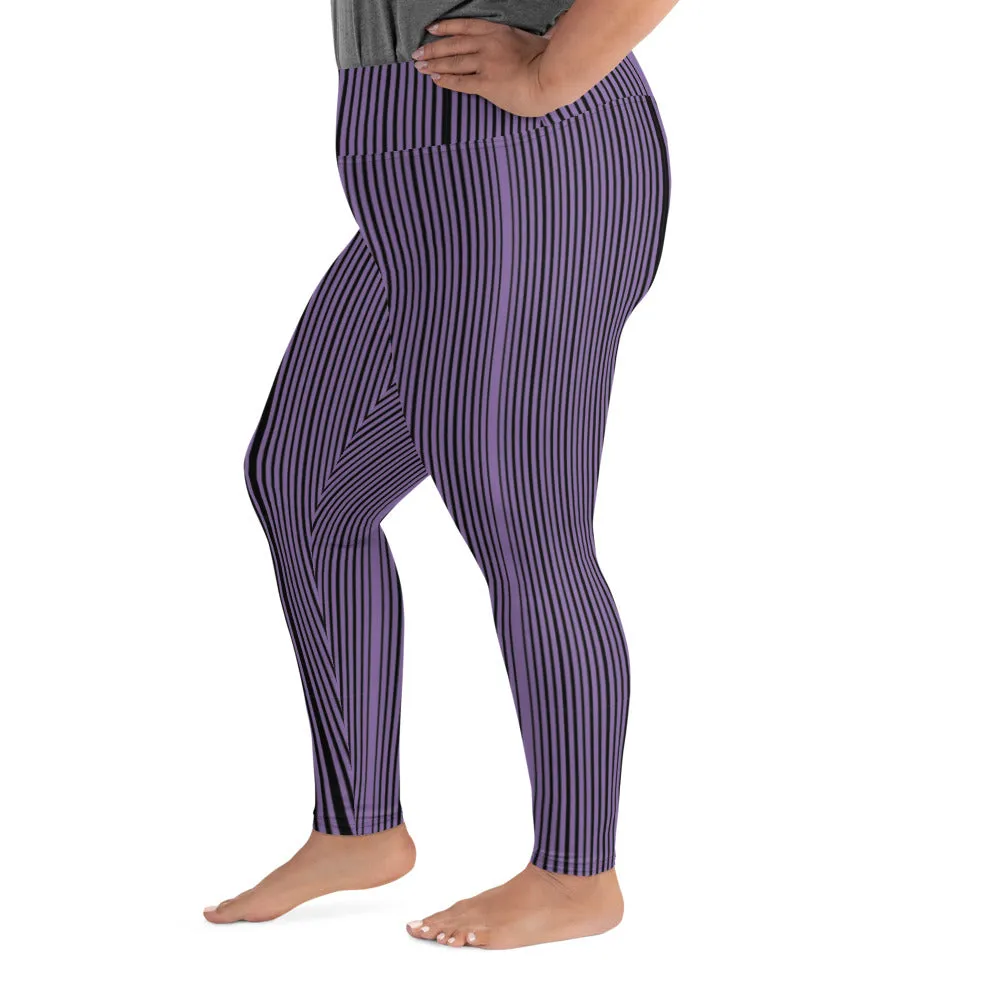 Purple Striped Plus Size Leggings, Vertical Striped Print Tights For Curvy Ladies - Made in USA/EU