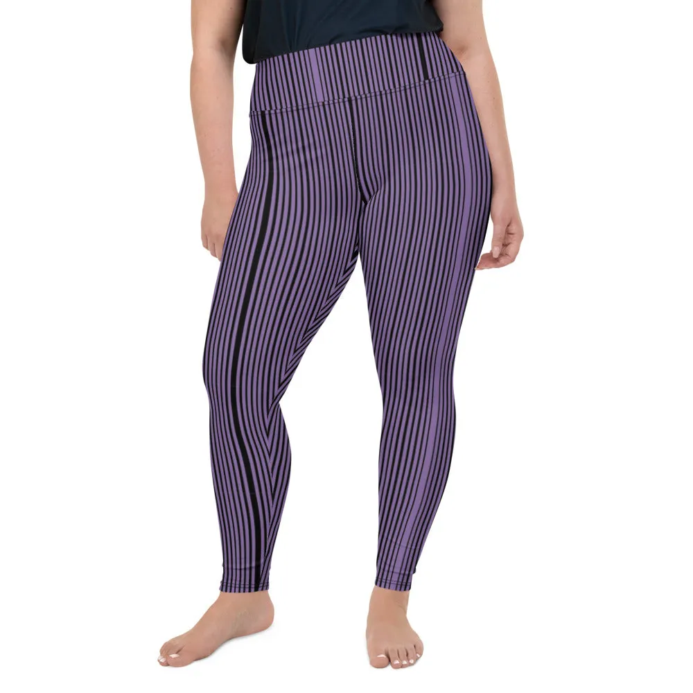 Purple Striped Plus Size Leggings, Vertical Striped Print Tights For Curvy Ladies - Made in USA/EU