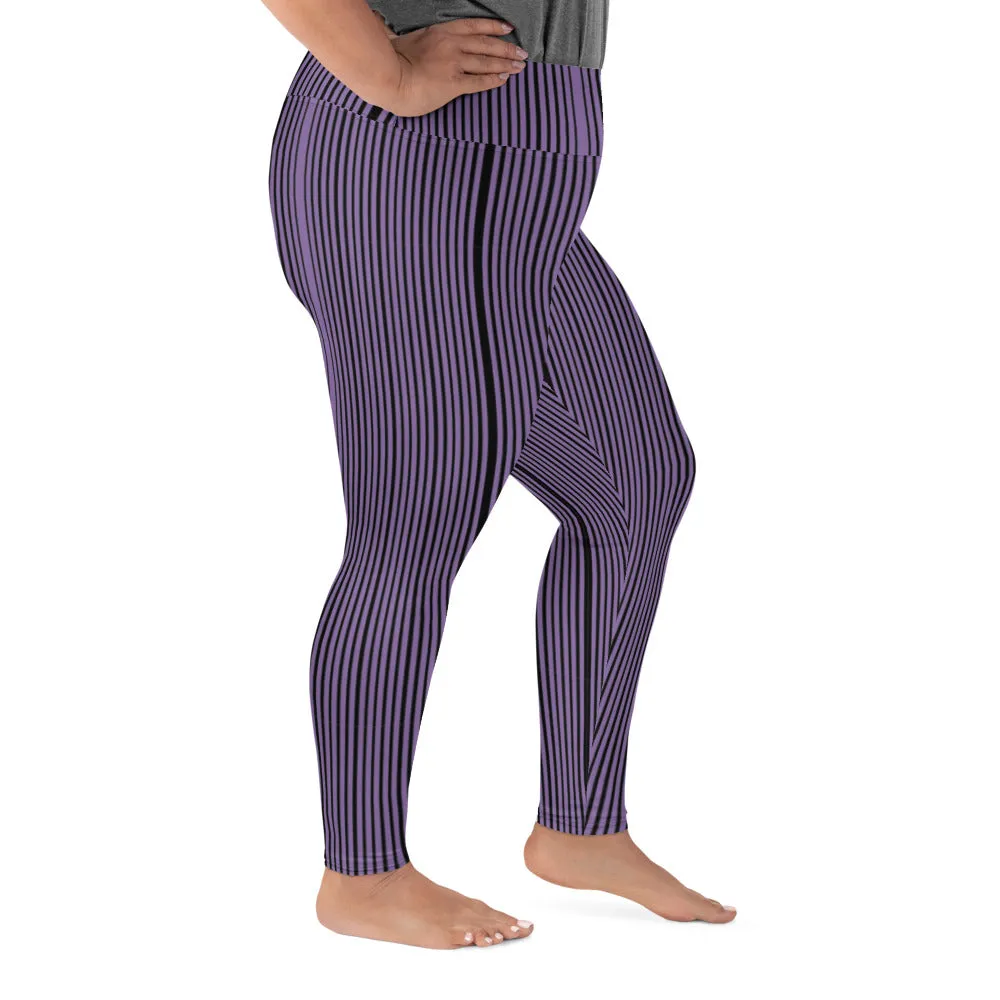 Purple Striped Plus Size Leggings, Vertical Striped Print Tights For Curvy Ladies - Made in USA/EU