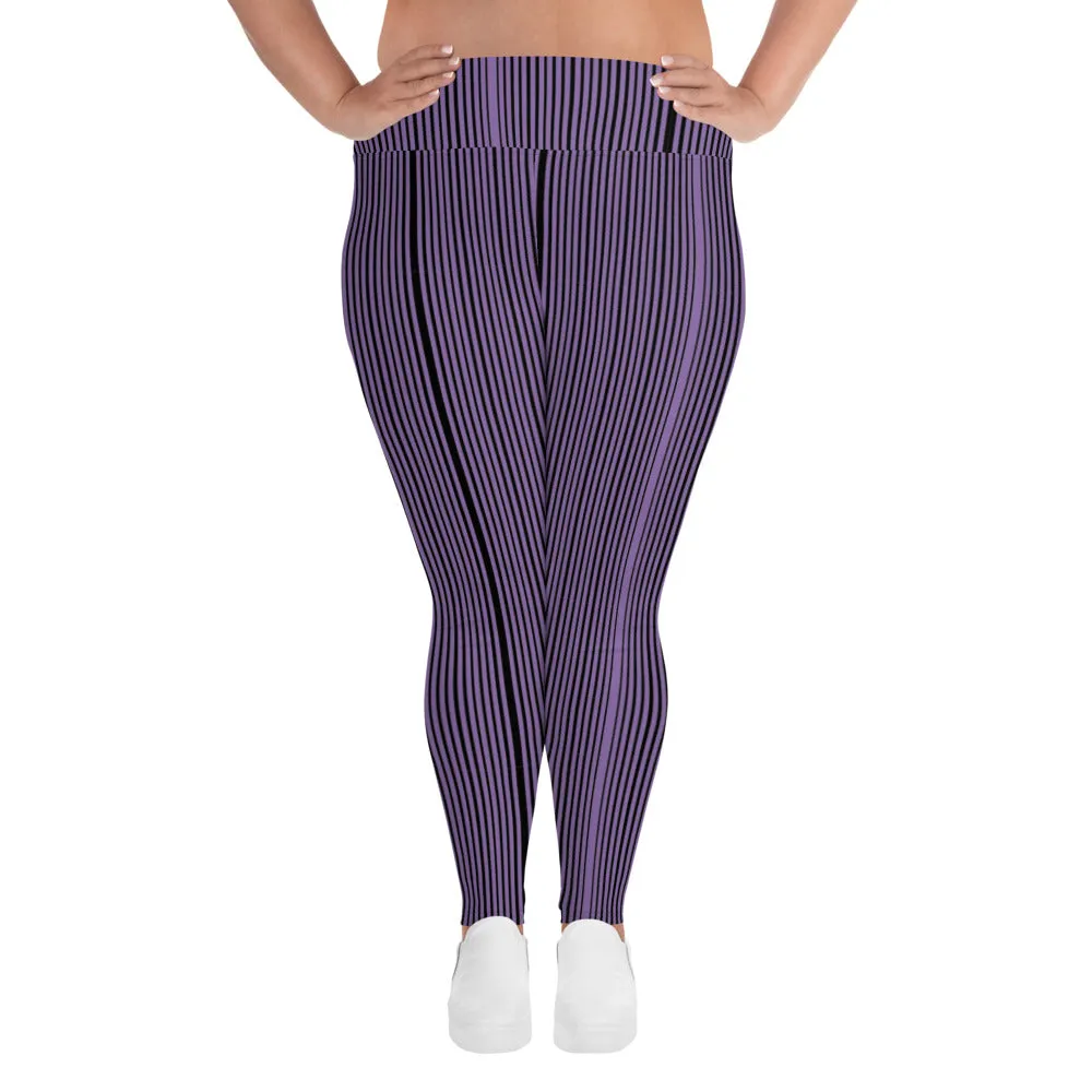 Purple Striped Plus Size Leggings, Vertical Striped Print Tights For Curvy Ladies - Made in USA/EU