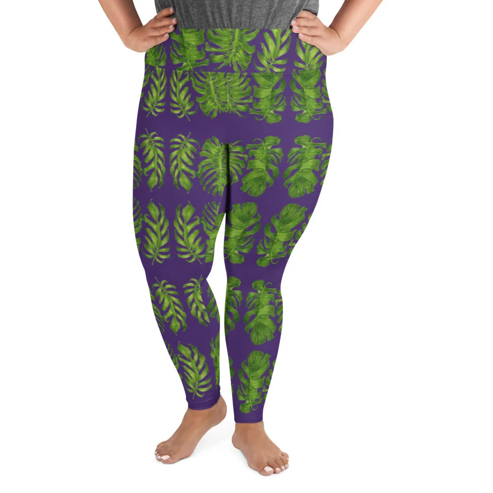 Purple Tropical Women's Yoga Pants, Hawaiian Style Print Plus Size Leggings-Made in USA/EU/MX