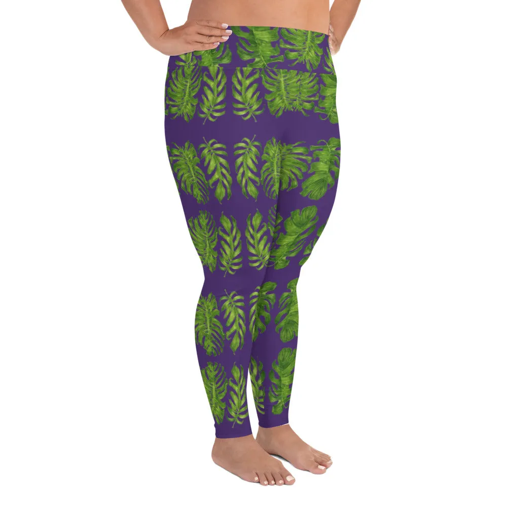 Purple Tropical Women's Yoga Pants, Hawaiian Style Print Plus Size Leggings-Made in USA/EU/MX