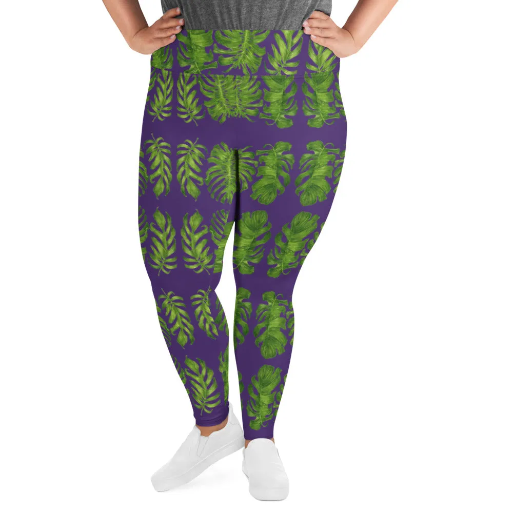 Purple Tropical Women's Yoga Pants, Hawaiian Style Print Plus Size Leggings-Made in USA/EU/MX