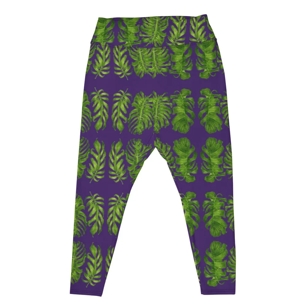 Purple Tropical Women's Yoga Pants, Hawaiian Style Print Plus Size Leggings-Made in USA/EU/MX