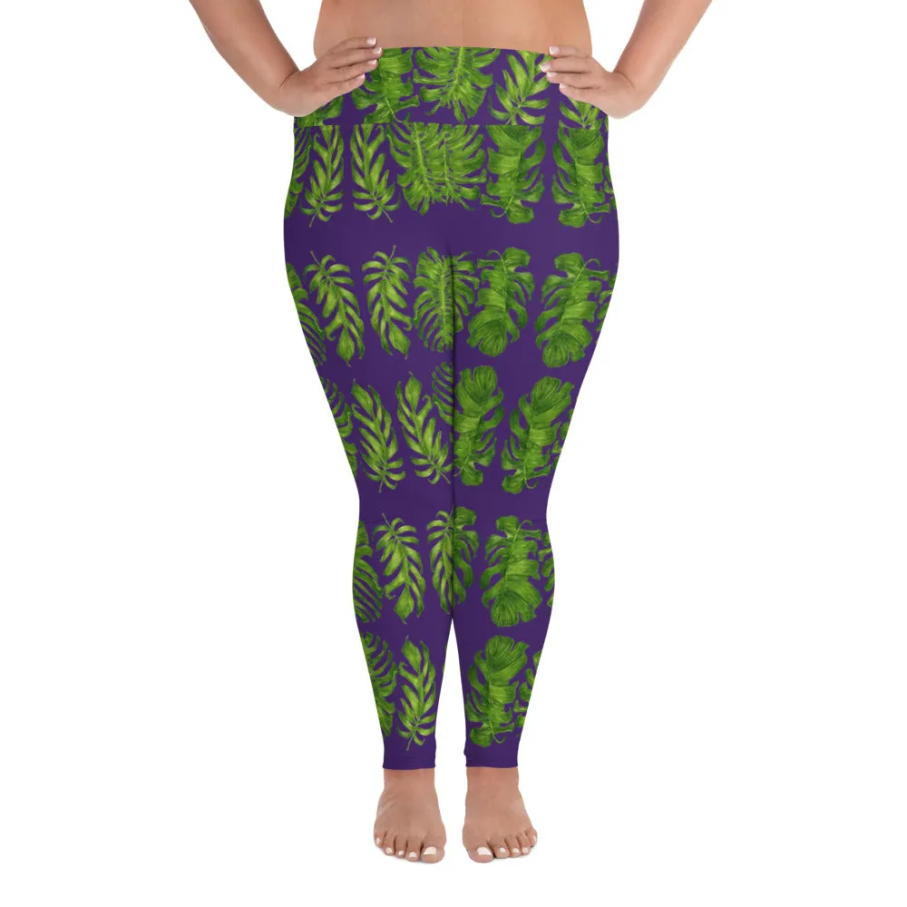 Purple Tropical Women's Yoga Pants, Hawaiian Style Print Plus Size Leggings-Made in USA/EU/MX