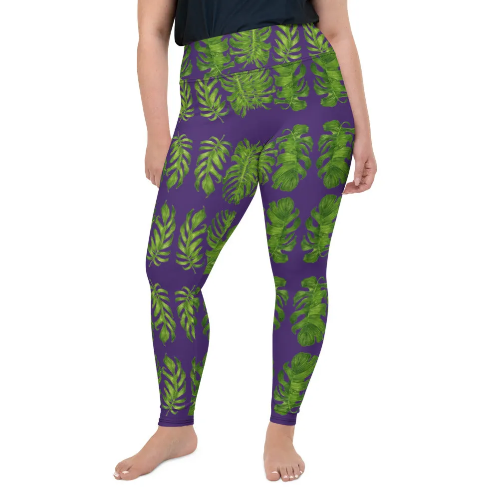 Purple Tropical Women's Yoga Pants, Hawaiian Style Print Plus Size Leggings-Made in USA/EU/MX