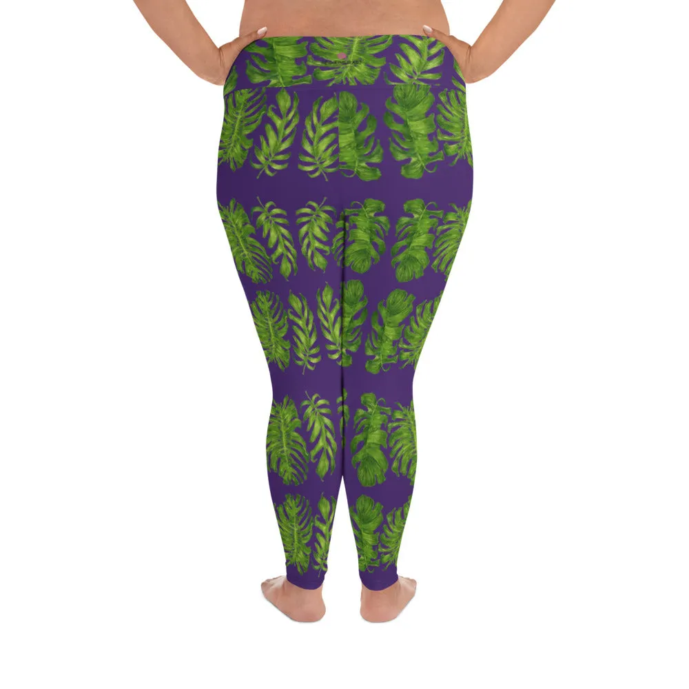 Purple Tropical Women's Yoga Pants, Hawaiian Style Print Plus Size Leggings-Made in USA/EU/MX