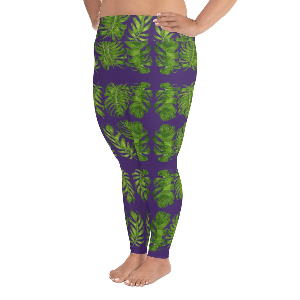 Purple Tropical Women's Yoga Pants, Hawaiian Style Print Plus Size Leggings-Made in USA/EU/MX