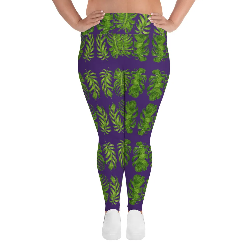 Purple Tropical Women's Yoga Pants, Hawaiian Style Print Plus Size Leggings-Made in USA/EU/MX