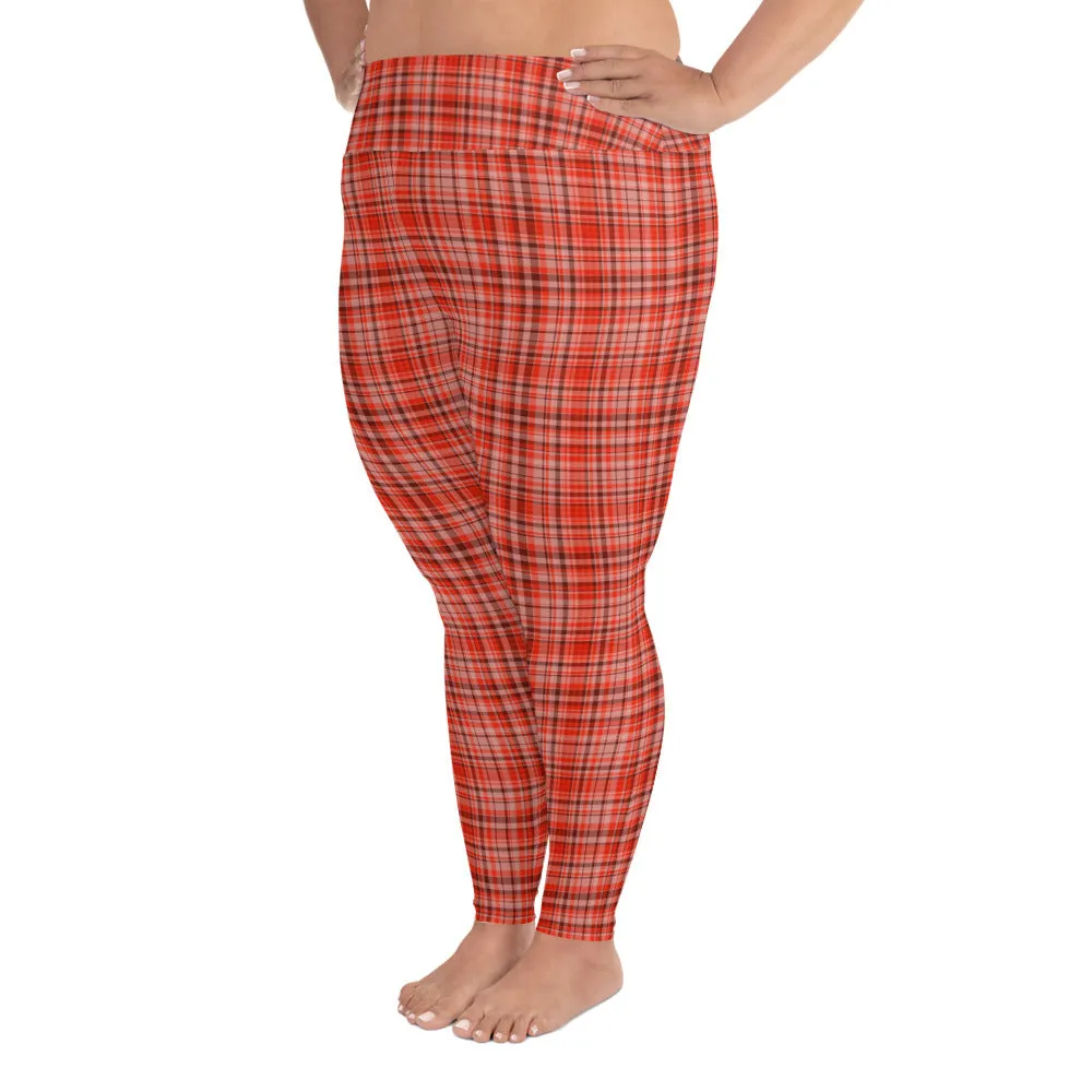 Red Plaid Scottish Women's Tights, Tartan Print Women's Long Yoga Pants Plus Size Leggings