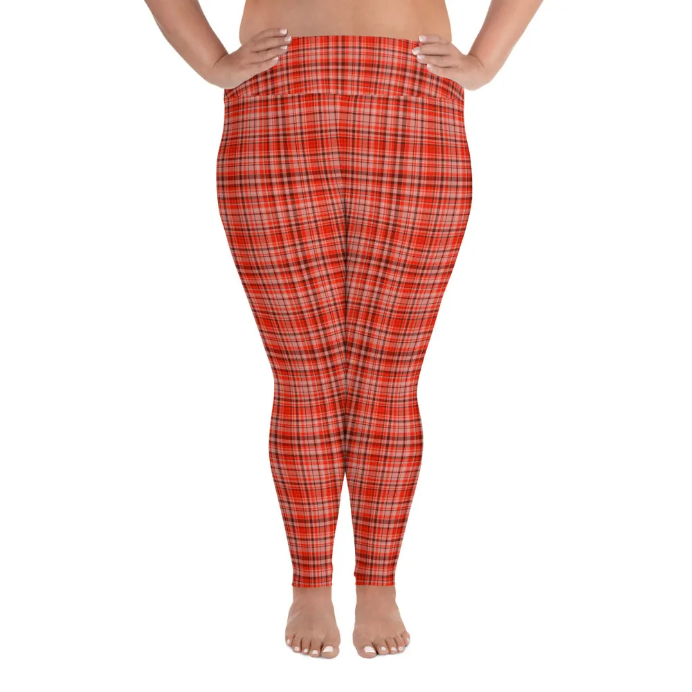 Red Plaid Scottish Women's Tights, Tartan Print Women's Long Yoga Pants Plus Size Leggings