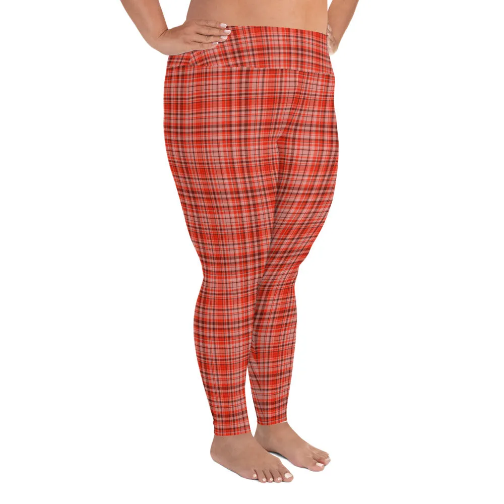 Red Plaid Scottish Women's Tights, Tartan Print Women's Long Yoga Pants Plus Size Leggings