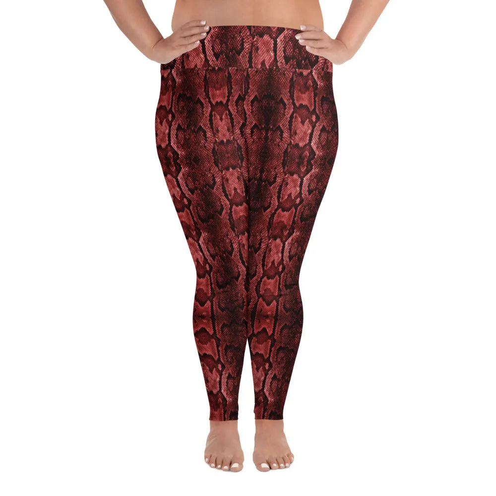 Red Snake Print Women's Tights, Best Snake Skin Print Plus Size Leggings For Ladies- Made in USA/EU/MX