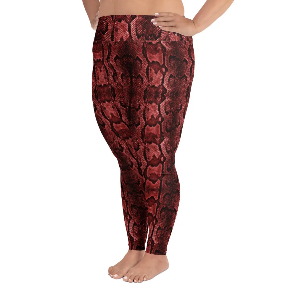 Red Snake Print Women's Tights, Best Snake Skin Print Plus Size Leggings For Ladies- Made in USA/EU/MX