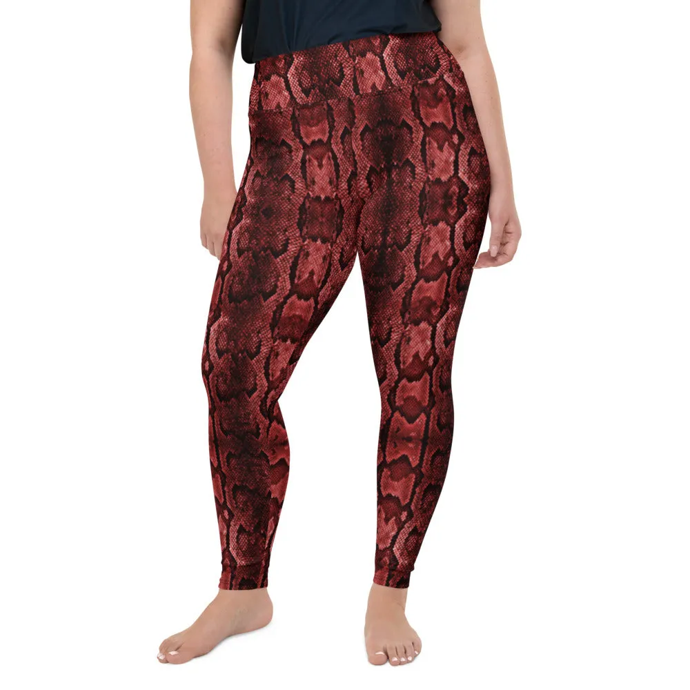 Red Snake Print Women's Tights, Best Snake Skin Print Plus Size Leggings For Ladies- Made in USA/EU/MX