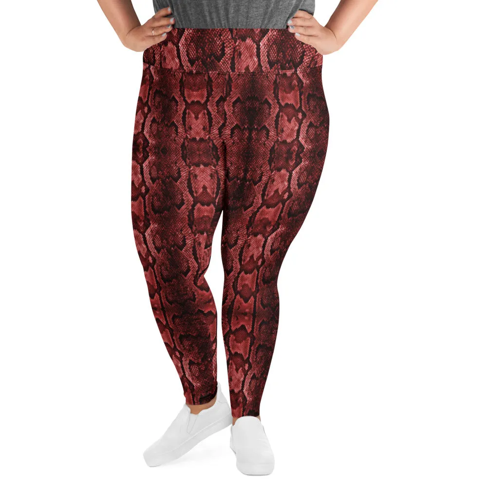 Red Snake Print Women's Tights, Best Snake Skin Print Plus Size Leggings For Ladies- Made in USA/EU/MX