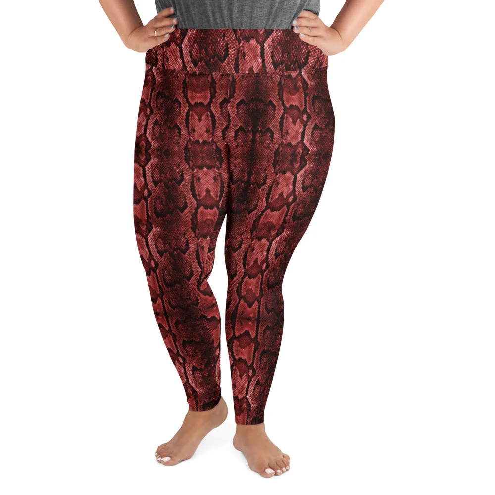 Red Snake Print Women's Tights, Best Snake Skin Print Plus Size Leggings For Ladies- Made in USA/EU/MX