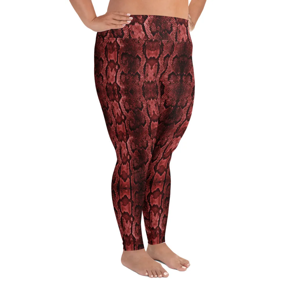 Red Snake Print Women's Tights, Best Snake Skin Print Plus Size Leggings For Ladies- Made in USA/EU/MX