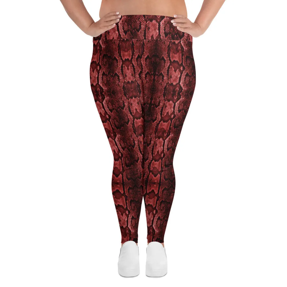 Red Snake Print Women's Tights, Best Snake Skin Print Plus Size Leggings For Ladies- Made in USA/EU/MX