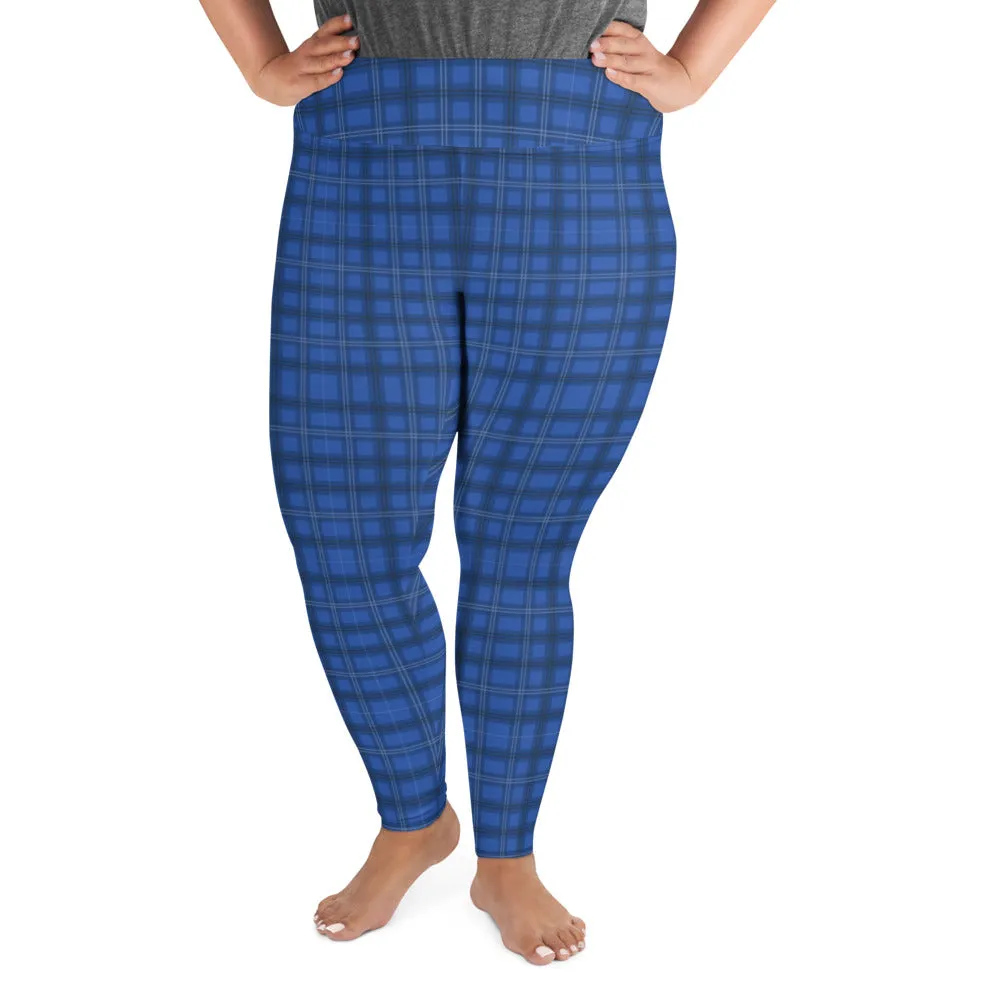 Royal Blue Plaid Print Leggings, Plaid Printed Women's Designer Plus Size Leggings  For Curvy Ladies - Made in USA/EU