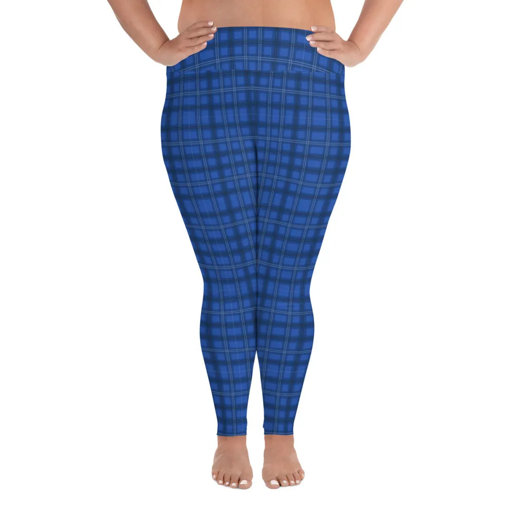 Royal Blue Plaid Print Leggings, Plaid Printed Women's Designer Plus Size Leggings  For Curvy Ladies - Made in USA/EU