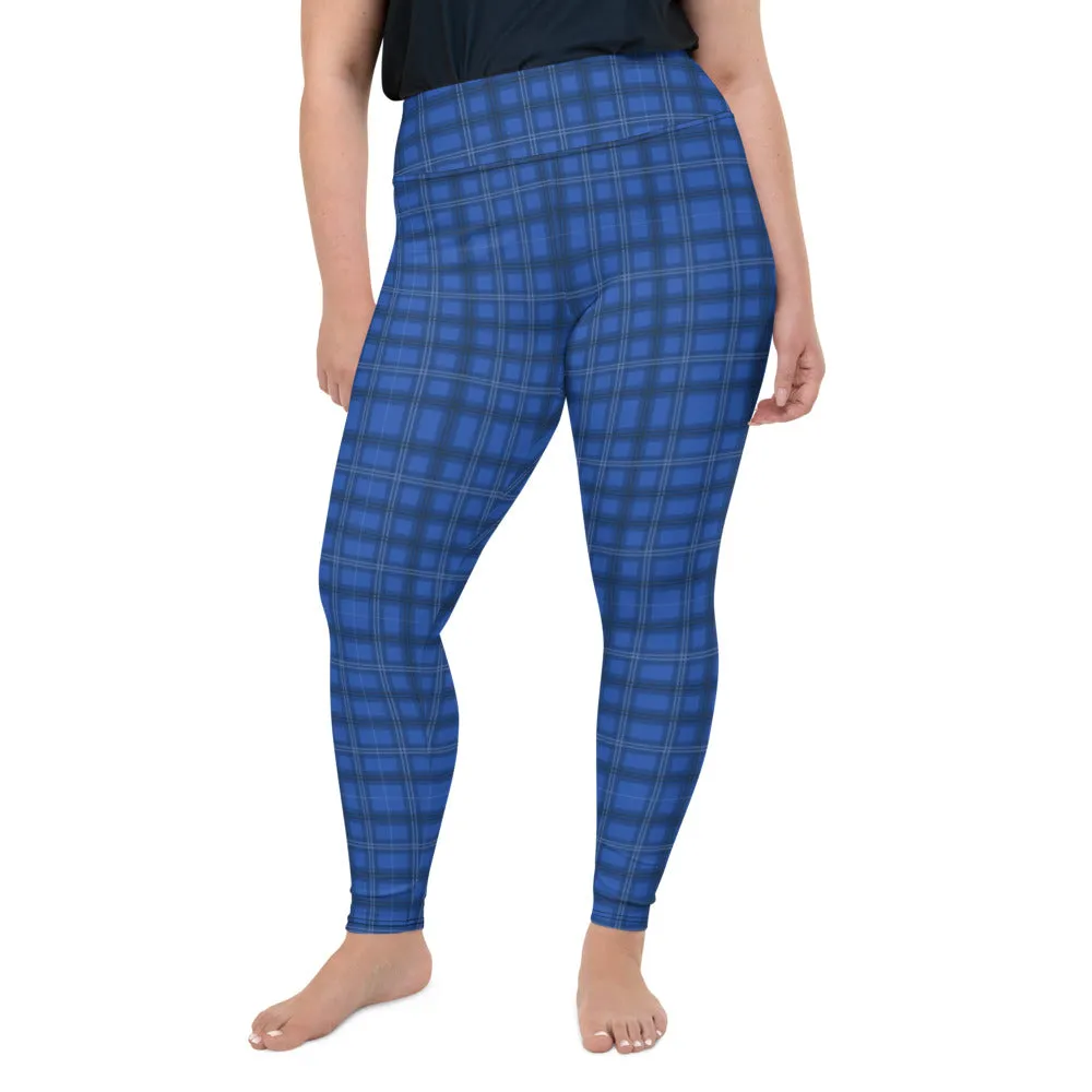 Royal Blue Plaid Print Leggings, Plaid Printed Women's Designer Plus Size Leggings  For Curvy Ladies - Made in USA/EU