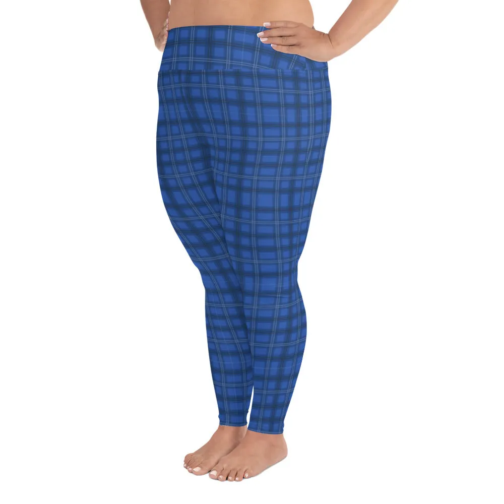 Royal Blue Plaid Print Leggings, Plaid Printed Women's Designer Plus Size Leggings  For Curvy Ladies - Made in USA/EU