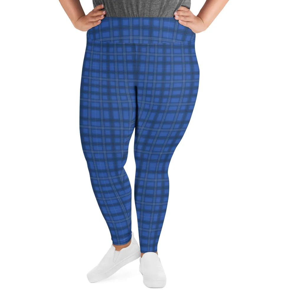 Royal Blue Plaid Print Leggings, Plaid Printed Women's Designer Plus Size Leggings  For Curvy Ladies - Made in USA/EU