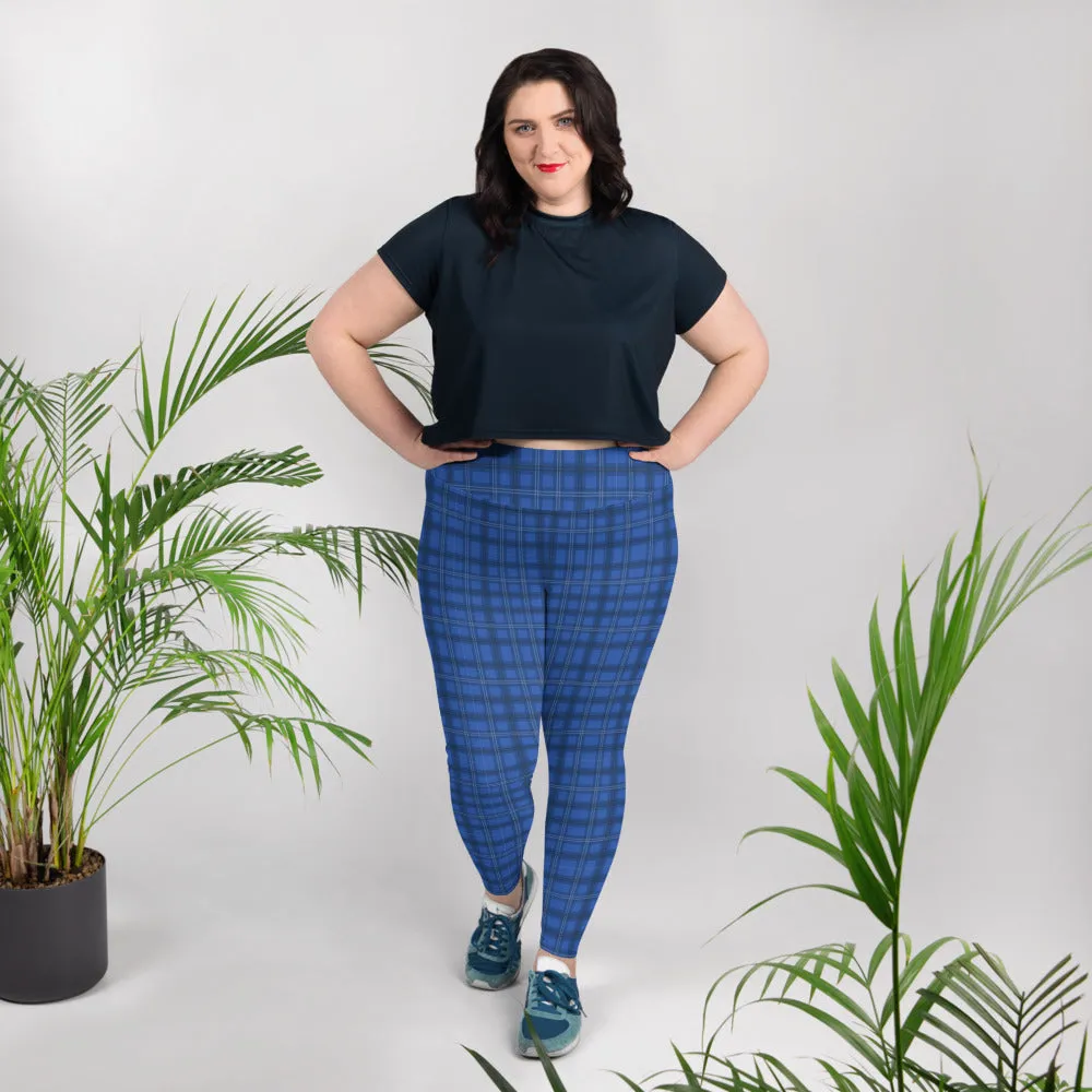 Royal Blue Plaid Print Leggings, Plaid Printed Women's Designer Plus Size Leggings  For Curvy Ladies - Made in USA/EU